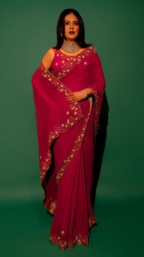 Pink Hand Embroidered Saree Organza And Matching Floral Embroidered Blouse