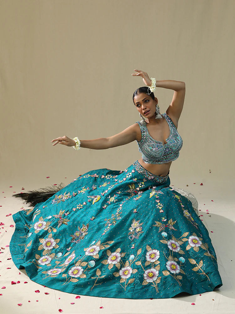 Teal Green Handpainted Lehenga Set