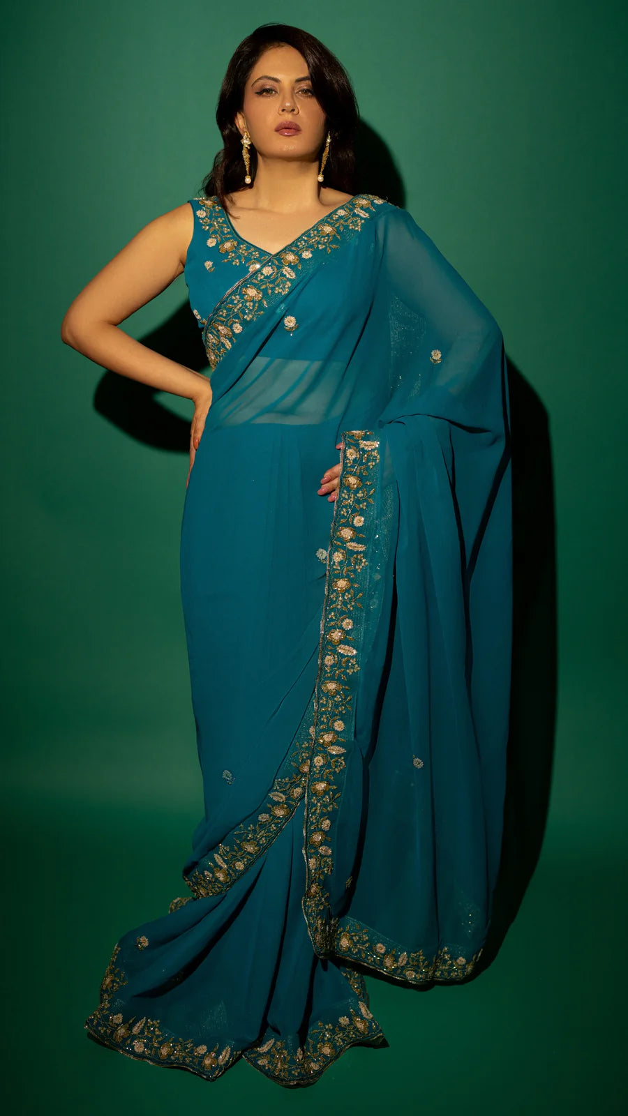 Peacock Blue  Hand Embroidered Saree Organza And Matching Floral Embroidered Blouse