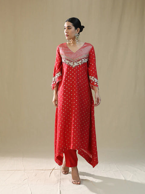 Red Self Chanderi Suit Set