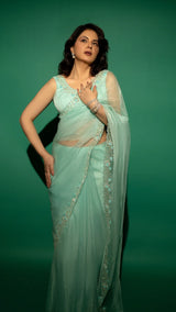 Sky Blue Hand Embroidered Saree Organza And Matching Floral Embroidered Blouse
