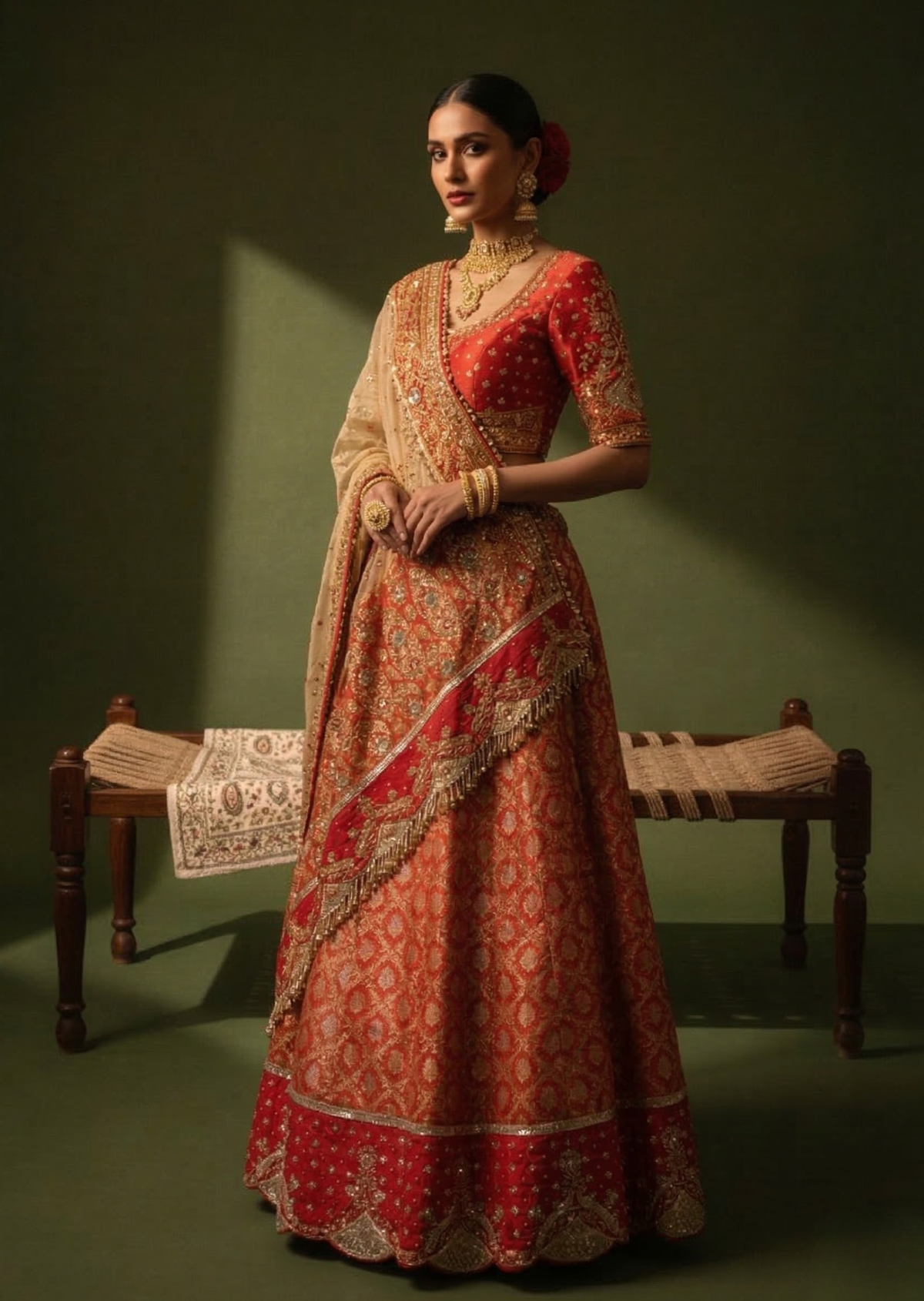 Red & Gold Zardozi Banarasi Silk Lehenga Set