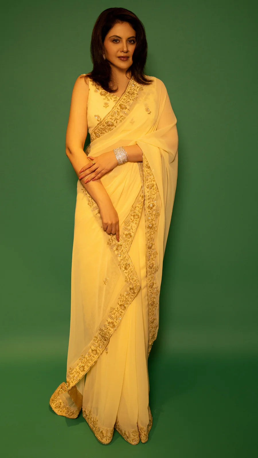 Yellow Hand Embroidered Saree Organza And Matching Floral Embroidered Blouse
