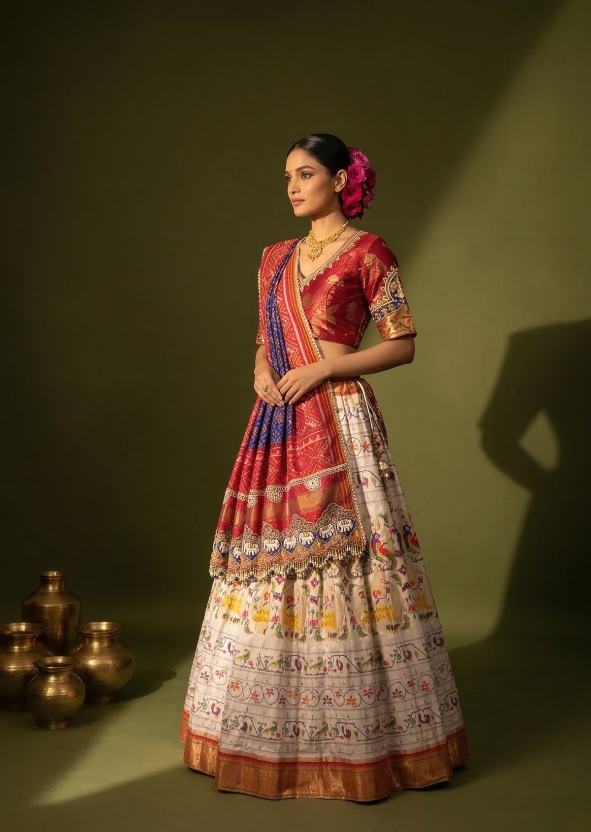White & Hot Pink Zardozi Paithani Lehenga Set