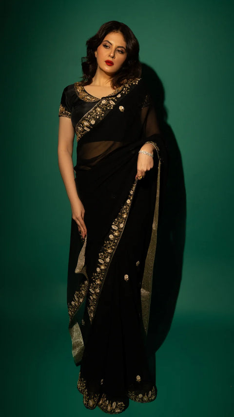 Black Hand Embroidered Saree Organza And Matching Floral Embroidered Blouse -Set of 2