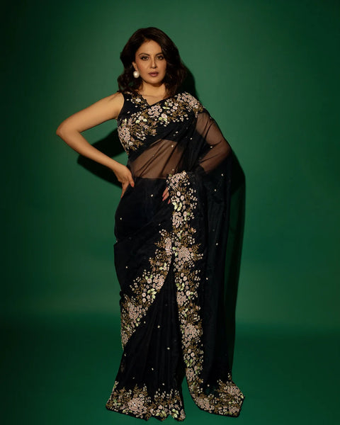 Dark Blue Silk Organza Zardozi Sequins Saree With Bead Handwork And Matching Floral Blouse