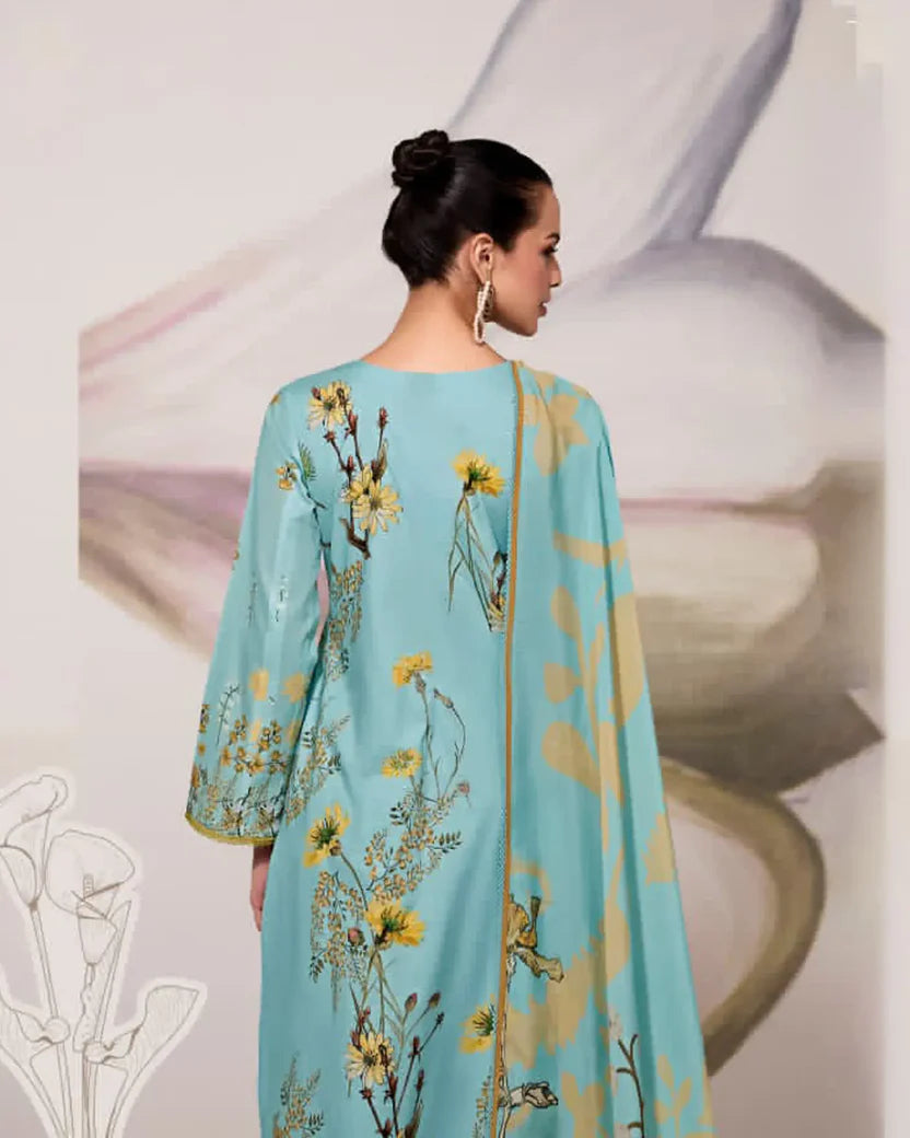 Pure Cotton Lawn Suit With Resham Embroidery Appliqué, Crochet Hemline And Handcrafted Buttons