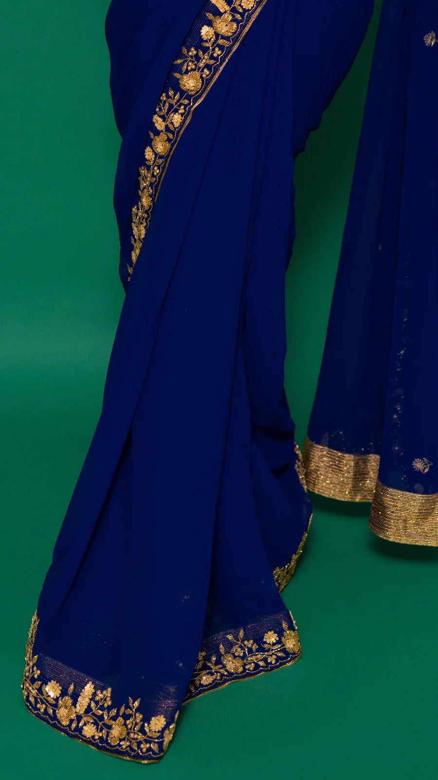 Navy Blue Hand Embroidered Saree Organza And Matching Floral Embroidered Blouse