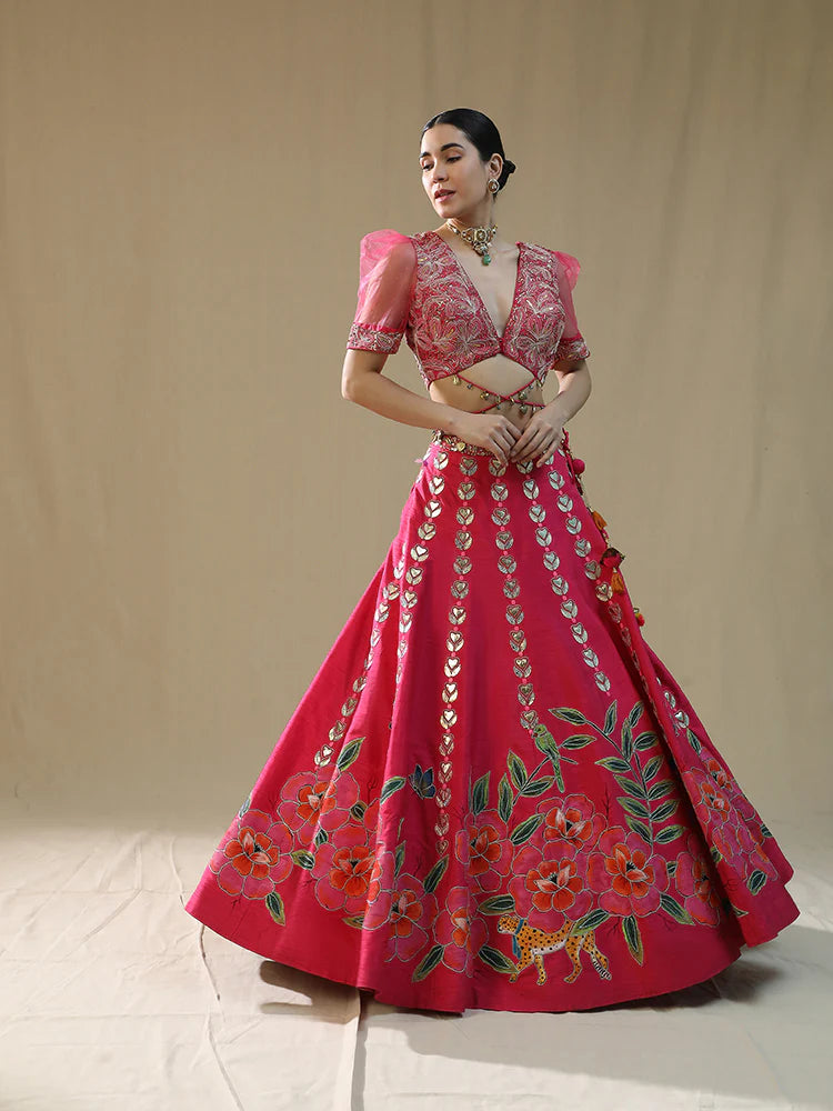 Pink Leopard Handpainted Lehenga Set