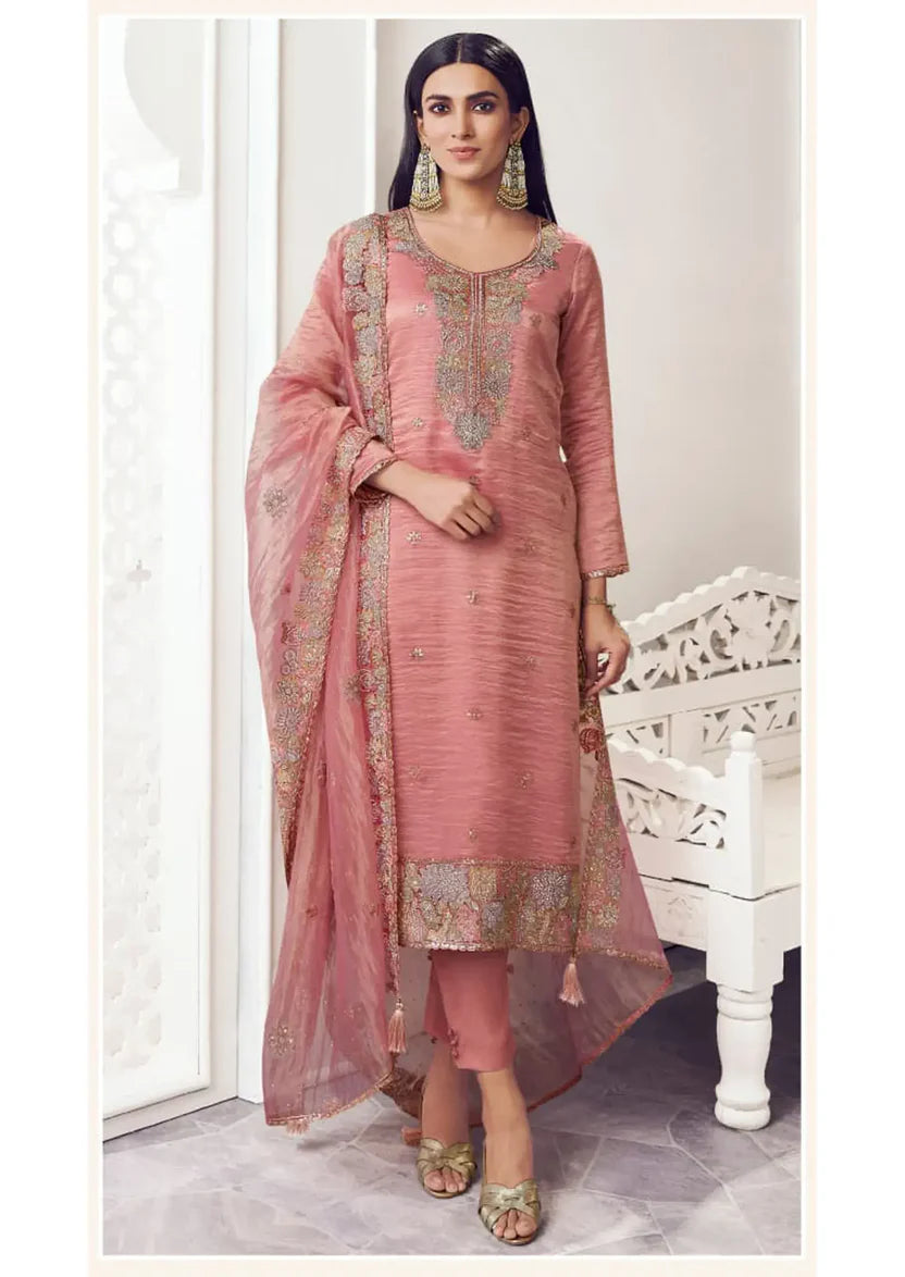 Royal Pink Silk Suit & Dupatta With Thread Embroidery & Zarkan Work