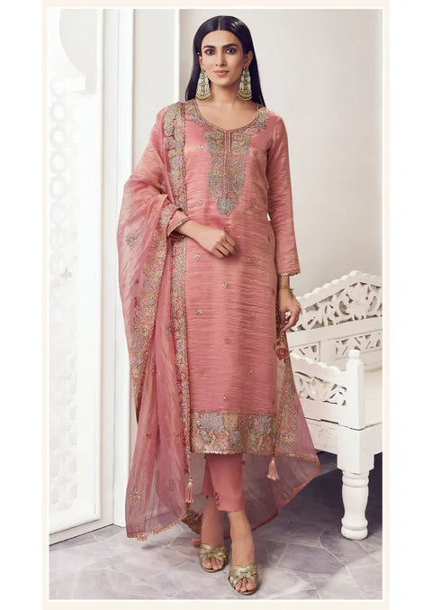 Royal Pink Silk Suit & Dupatta With Thread Embroidery & Zarkan Work