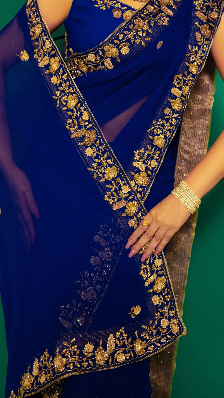 Navy Blue Hand Embroidered Saree Organza And Matching Floral Embroidered Blouse