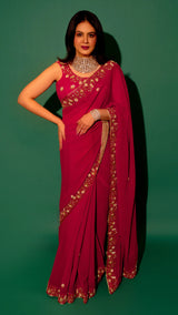 Pink Hand Embroidered Saree Organza And Matching Floral Embroidered Blouse