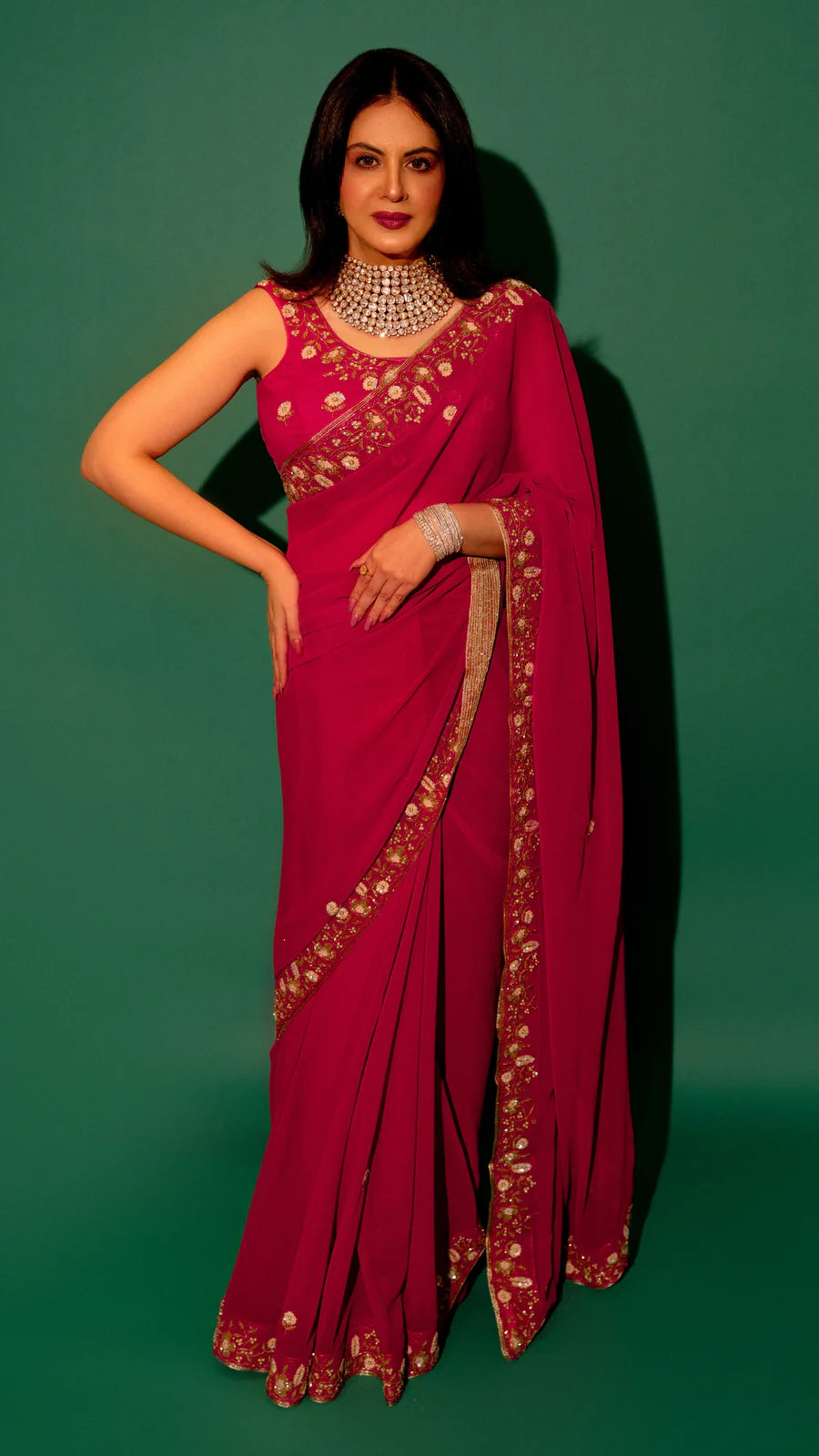 Pink Hand Embroidered Saree Organza And Matching Floral Embroidered Blouse
