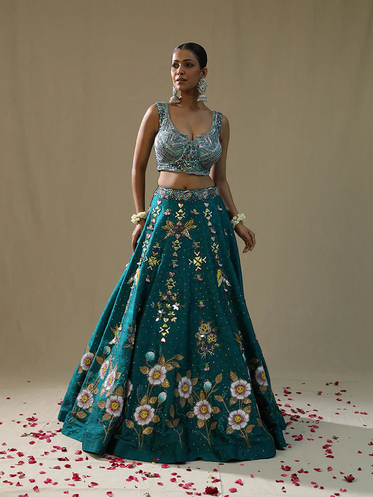 Teal Green Handpainted Lehenga Set