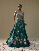 Teal Green Handpainted Lehenga Set