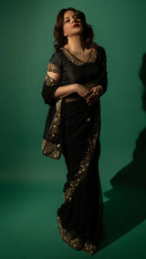 Black Hand Embroidered Saree Organza And Matching Floral Embroidered Blouse