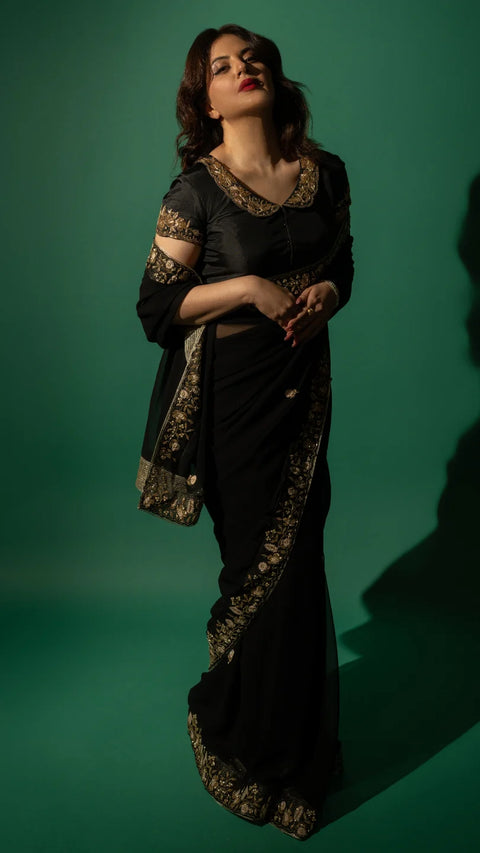 Black Hand Embroidered Saree Organza And Matching Floral Embroidered Blouse -Set of 2