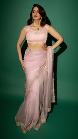 Baby Pink Hand Embroidered Saree Organza And Matching Floral Embroidered Blouse