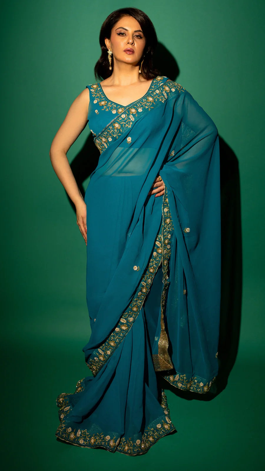 Peacock Blue  Hand Embroidered Saree Organza And Matching Floral Embroidered Blouse