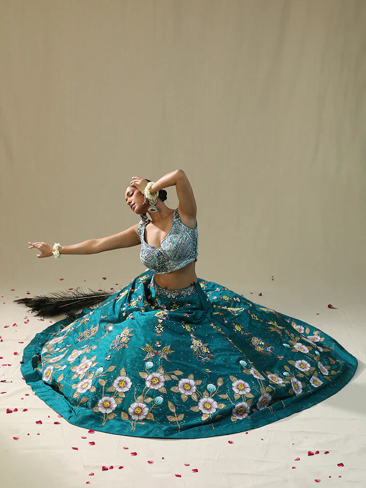 Teal Green Handpainted Lehenga Set