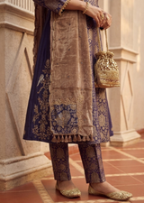 Dark Blue & Gold Zardozi Banarasi Kadwa Brocade A-Line Suit