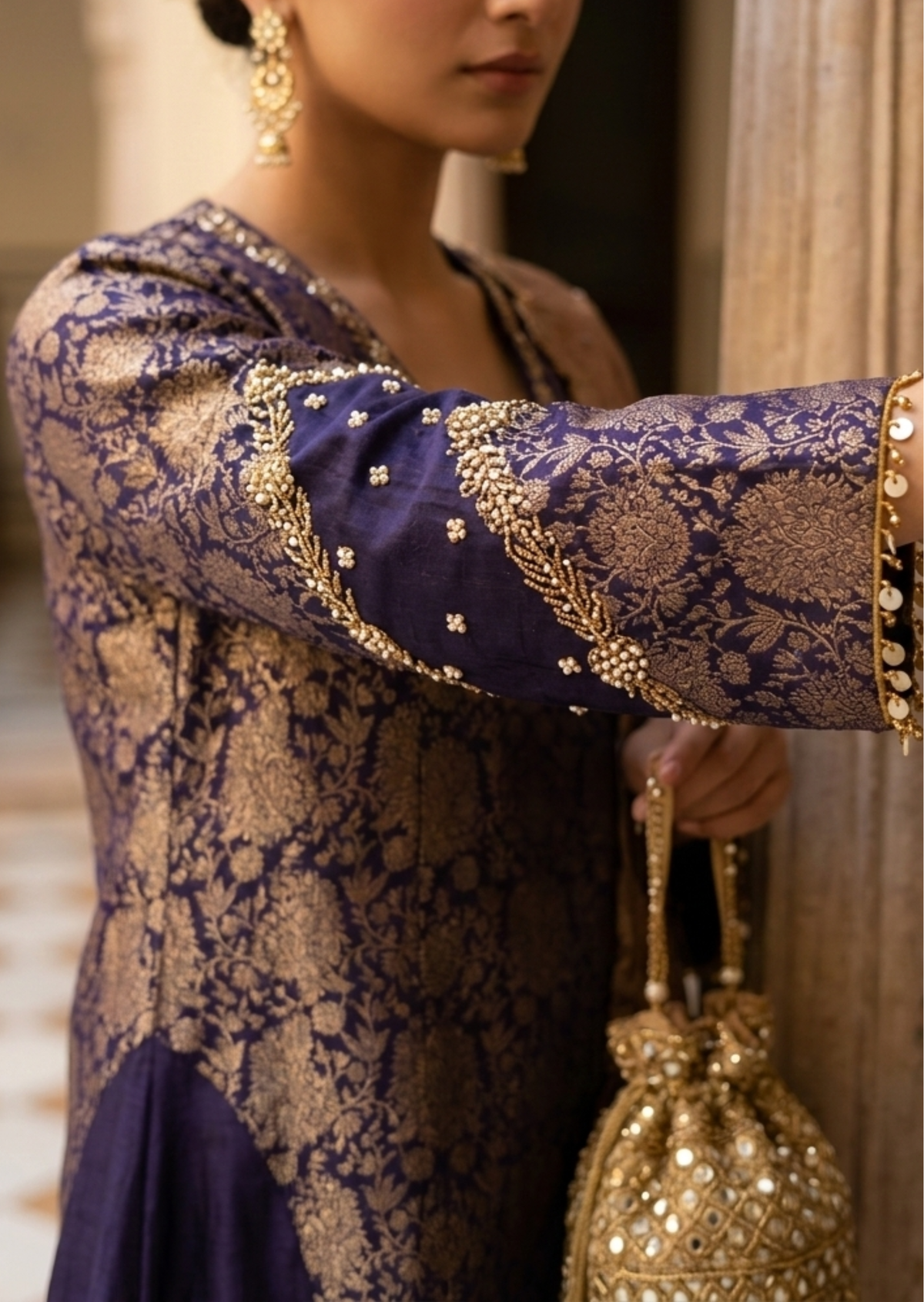 Dark Blue & Gold Zardozi Banarasi Kadwa Brocade A-Line Suit