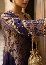 Dark Blue & Gold Zardozi Banarasi Kadwa Brocade A-Line Suit