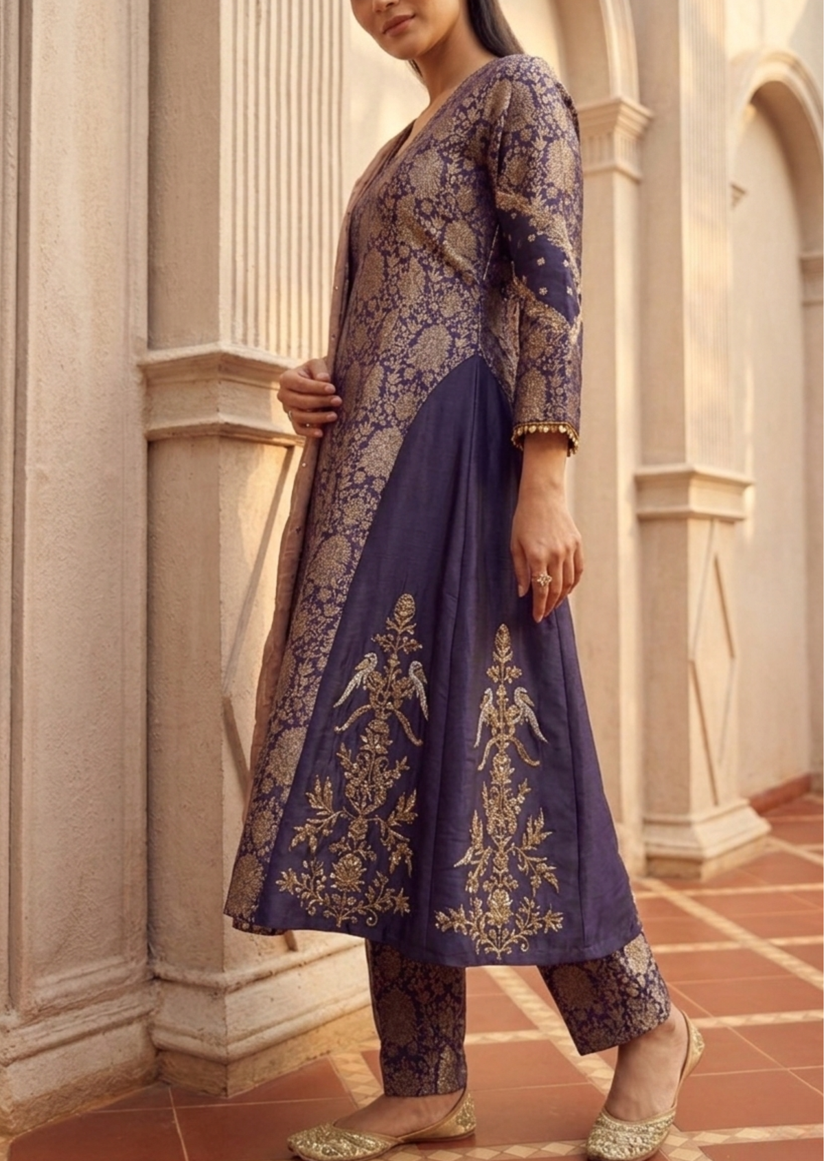 Dark Blue & Gold Zardozi Banarasi Kadwa Brocade A-Line Suit