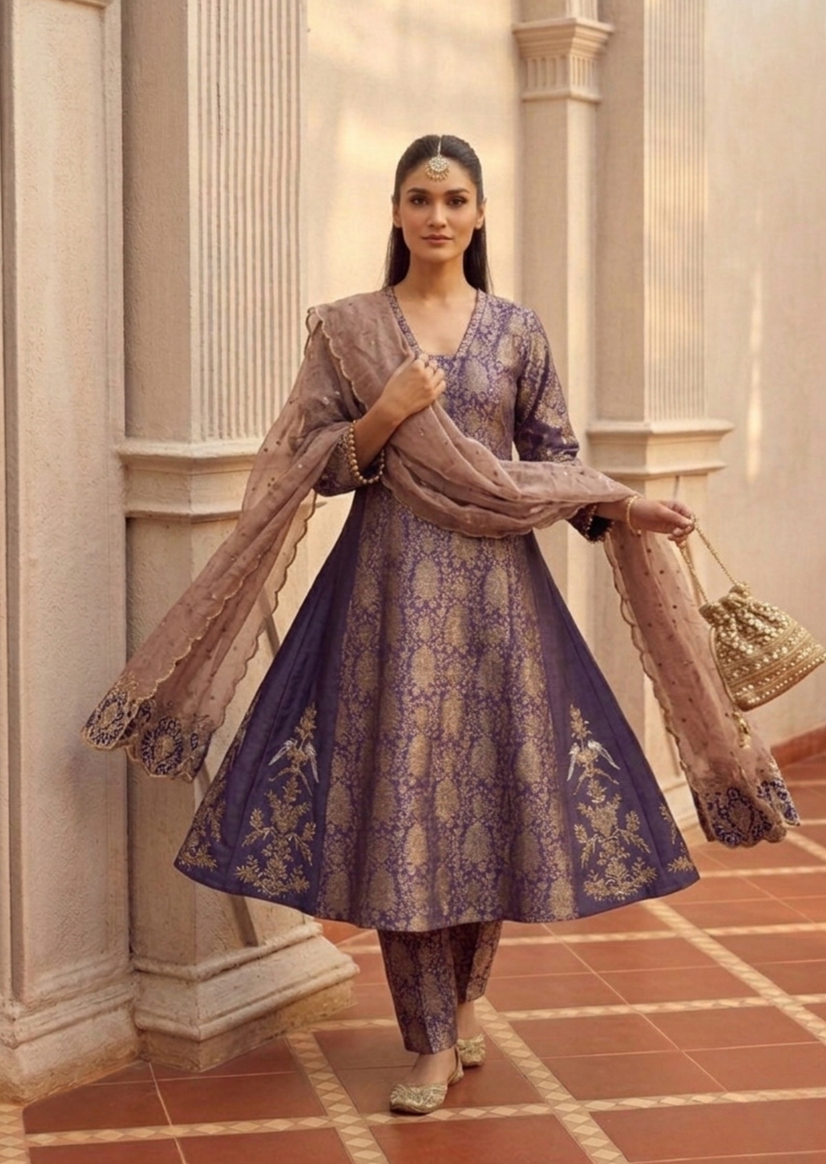Dark Blue & Gold Zardozi Banarasi Kadwa Brocade A-Line Suit