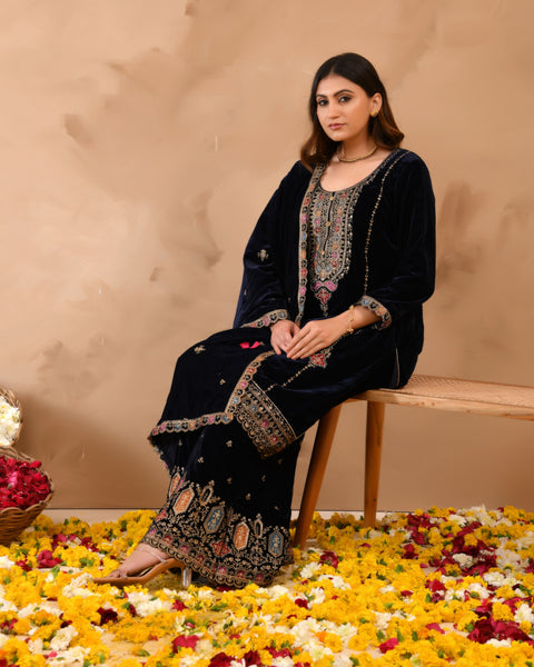 Pure Velvet Top With Velvet Plazzo And Dupatta