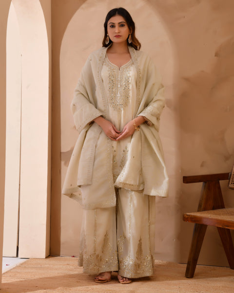 Pure Viscose Jacquard Silk Suit With Full Heavy Embroidery