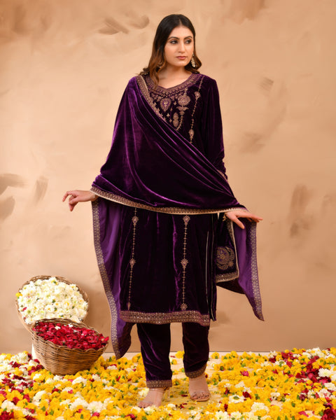 Pure Velvet Suit With Coding Embroidery Work