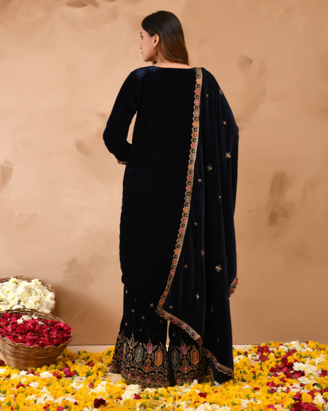 Pure Velvet Top With Velvet Plazzo And Dupatta