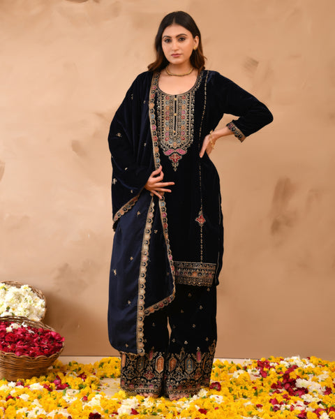Pure Velvet Top With Velvet Plazzo And Dupatta