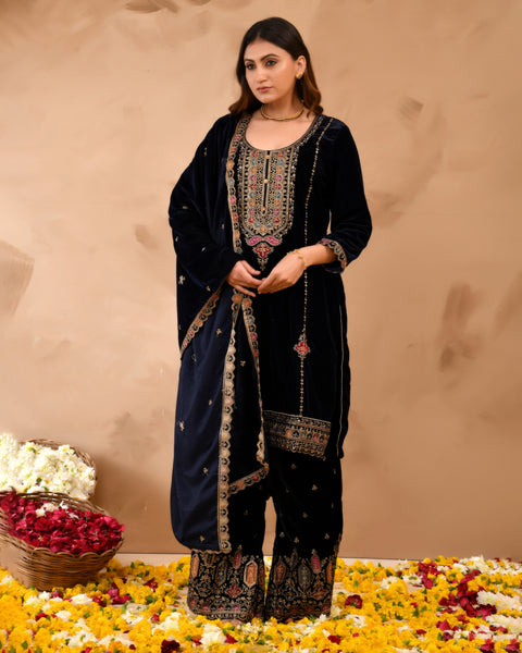 Pure Velvet Top With Velvet Plazzo And Dupatta