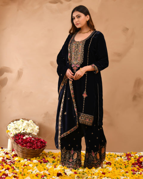 Pure Velvet Top With Velvet Plazzo And Dupatta