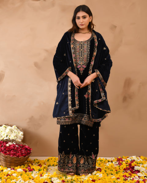 Pure Velvet Top With Velvet Plazzo And Dupatta