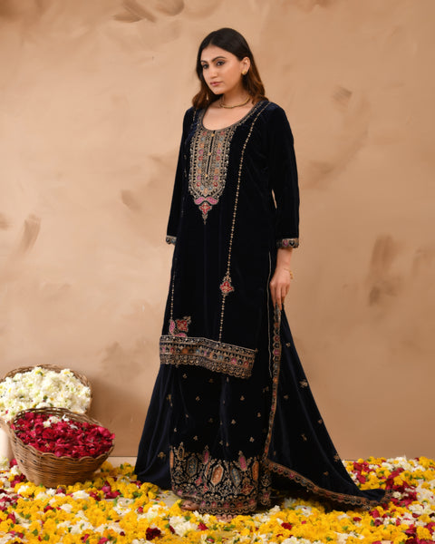 Pure Velvet Top With Velvet Plazzo And Dupatta