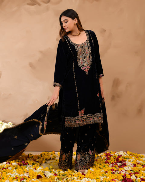 Pure Velvet Top With Velvet Plazzo And Dupatta