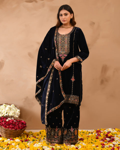 Pure Velvet Top With Velvet Plazzo And Dupatta