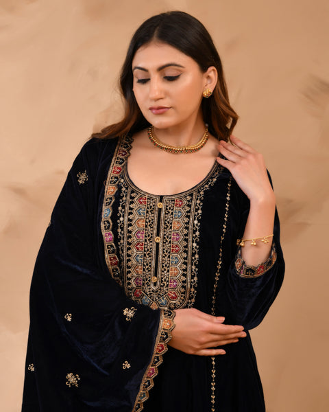 Pure Velvet Top With Velvet Plazzo And Dupatta