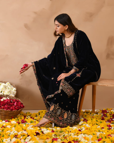 Pure Velvet Top With Velvet Plazzo And Dupatta