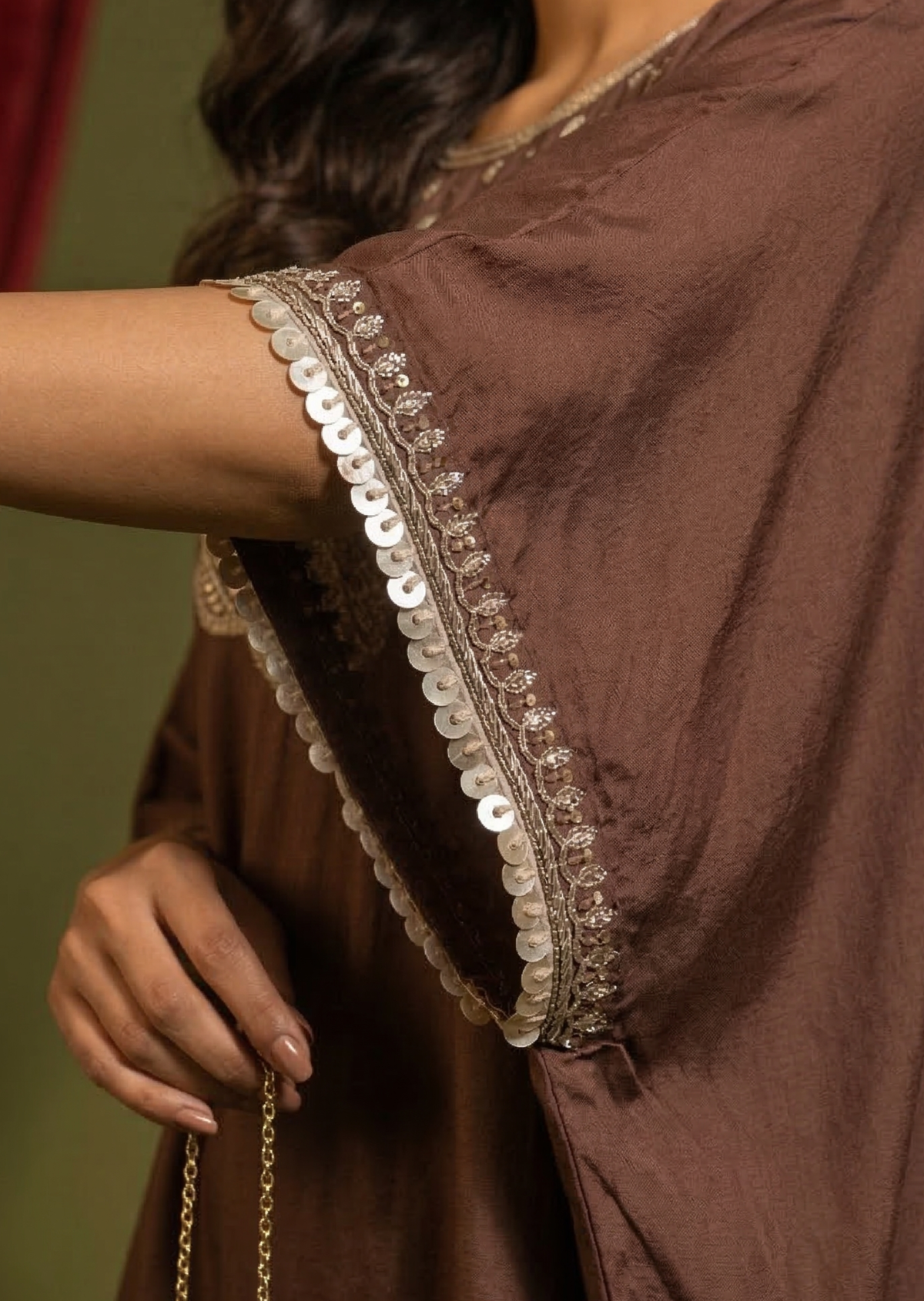 Brown Pitta Work & Zardozi Silk Kaftan Set