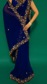 Navy Blue Hand Embroidered Saree Organza And Matching Floral Embroidered Blouse