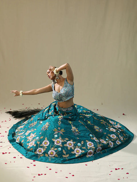 Teal Green Handpainted Lehenga Set