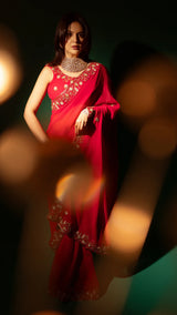 Pink Hand Embroidered Saree Organza And Matching Floral Embroidered Blouse