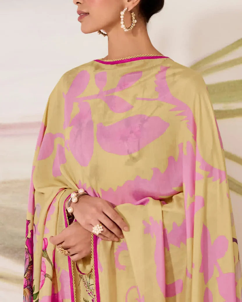 Pure Cotton Lawn Suit With Resham Embroidery Appliqué, Crochet Hemline And Handcrafted Buttons
