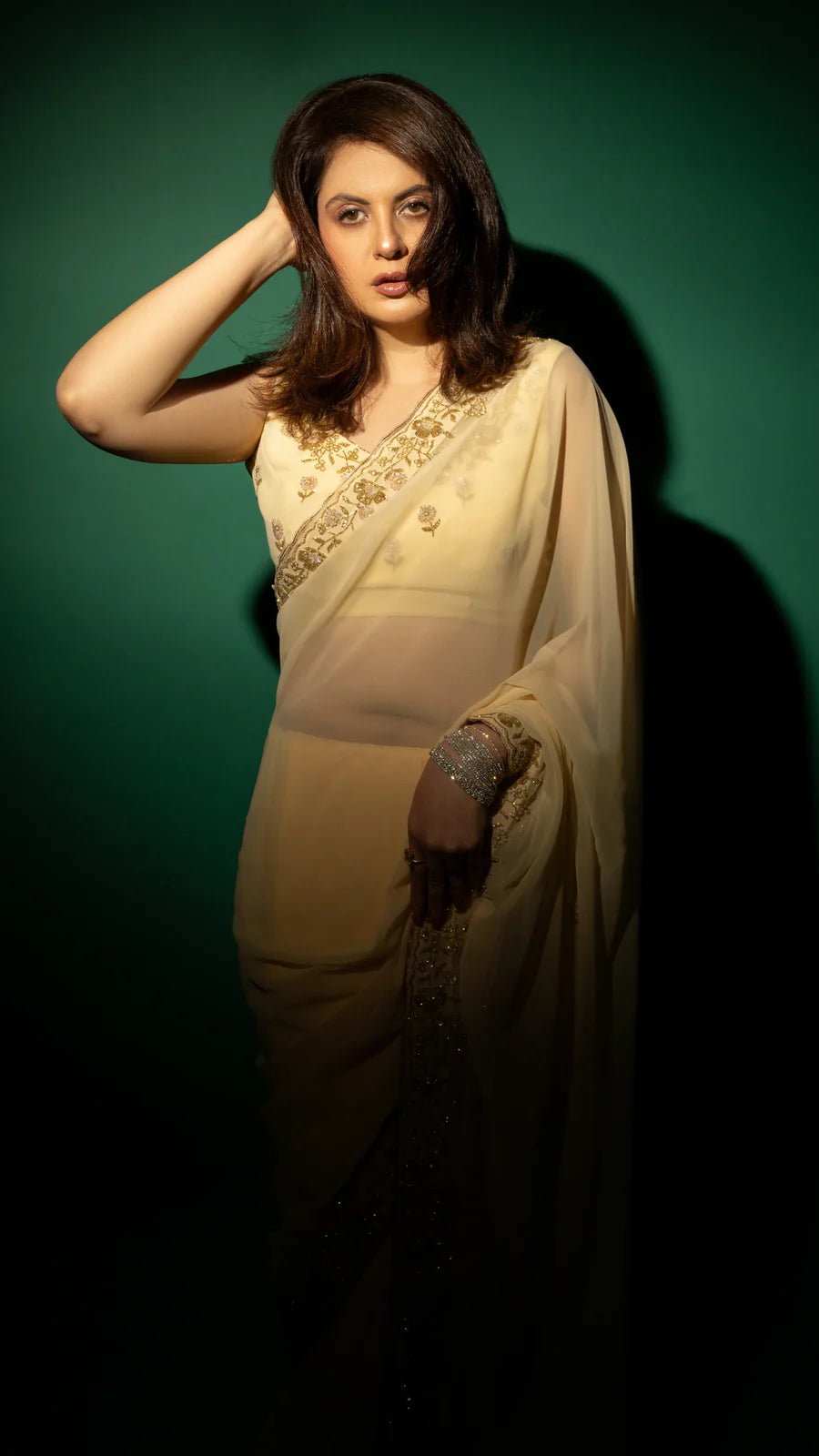 Yellow Hand Embroidered Saree Organza And Matching Floral Embroidered Blouse