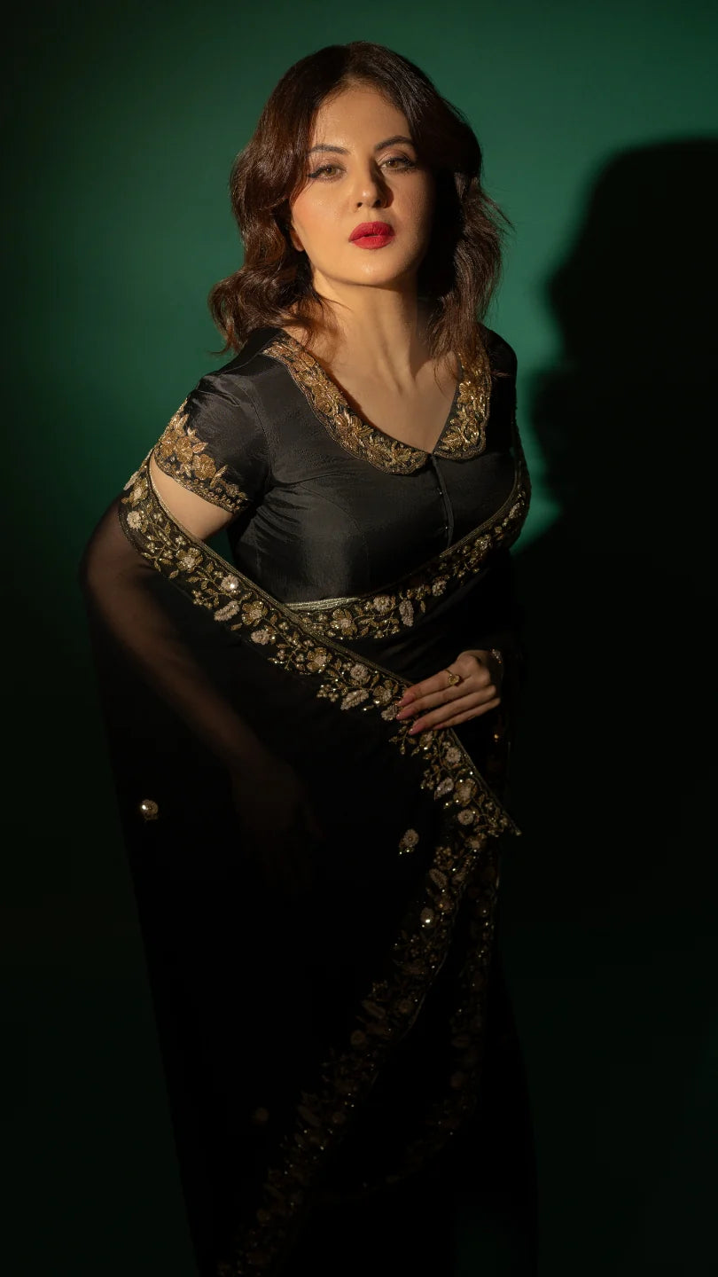 Black Hand Embroidered Saree Organza And Matching Floral Embroidered Blouse